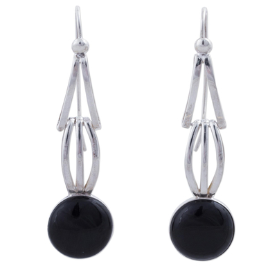 Obsidian dangle earrings, 'Eyes of the Universe' - Obsidian and Sterling Silver Dangle Earrings from Peru