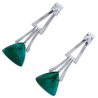 Chrysocolla dangle earrings, 'Distant Mountains' - Chrysocolla Sterling Silver Triangle Dangle Earrings Peru