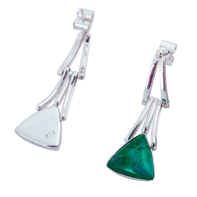 Chrysocolla dangle earrings, 'Distant Mountains' - Chrysocolla Sterling Silver Triangle Dangle Earrings Peru