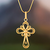 Gold plated filigree pendant necklace, 'Christian Hope'