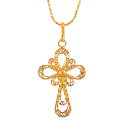 Gold plated filigree pendant necklace, 'Christian Hope' - Gold Plated Sterling Silver Filigree Pendant Necklace Peru