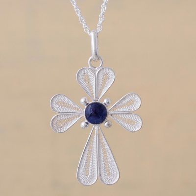Sodalite filigree pendant necklace, 'Petaled Cross' - Sterling Silver Filigree Sodalite Pendant Necklace from Peru