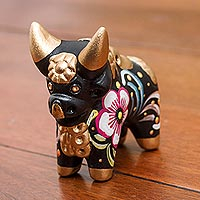 Ceramic figurine, 'Little Black Pucara Bull' - Hand Painted Ceramic Floral Bull in Black from Peru
