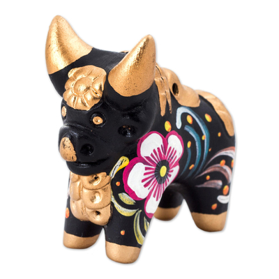Ceramic figurine, 'Little Black Pucara Bull' - Hand Painted Ceramic Floral Bull in Black from Peru