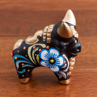 Keramikfigur - Handbemalter Blumenstier aus Keramik in Schwarz aus Peru