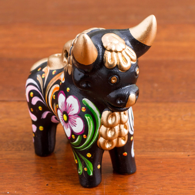 Ceramic figurine, 'Black Pucara Bull' - Hand Painted Floral Ceramic Bull in Black from Peru
