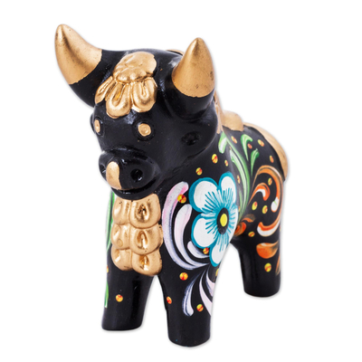 Hand Painted Floral Ceramic Bull in Black from Peru
