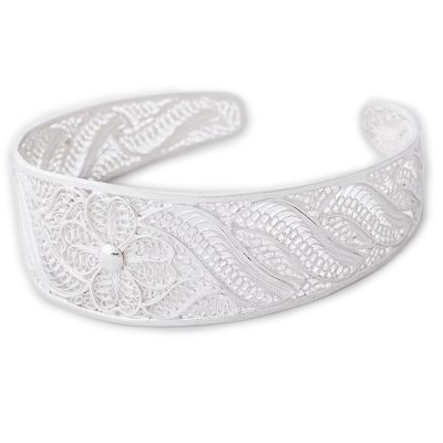 Sterling silver filigree cuff bracelet, 'Sparkling Flower' - Sterling Silver Filigree Floral Cuff Bracelet from Peru
