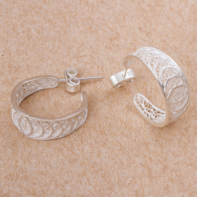 Silver filigree half-hoop earrings, 'Sparkling Crescents' - 950 Silver Filigree Half Hoop Earrings from Peru