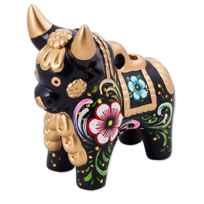 Black Painted Ceramic Bull with Flower Motifs from Peru