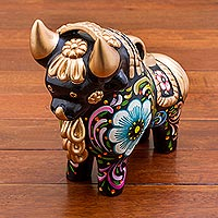 Ceramic figurine, 'Big Colorful Pucara Bull'