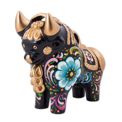 Hand Painted Ceramic Bull with Floral Motifs from Peru