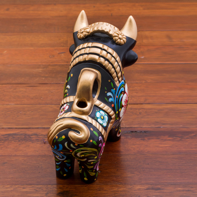 Ceramic figurine, 'Big Colorful Pucara Bull' - Hand Painted Ceramic Bull with Floral Motifs from Peru