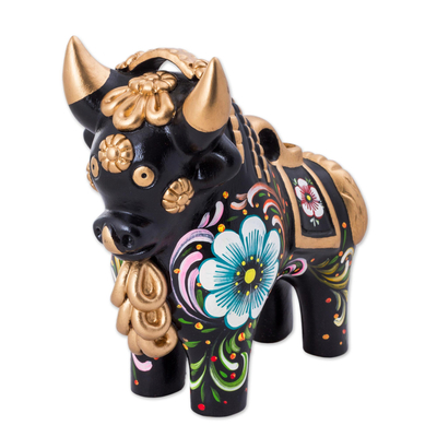 Painted Floral Metallic and Black Ceramic Bull from Peru