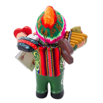 Ceramic figurine, 'Jolly Ekeko' - Painted Floral Ekeko Sculpture with Wool Cap from Peru