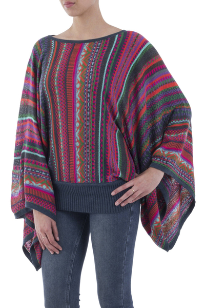Striped kimono sleeve sweater, 'Fiesta Dance' - Colorful Striped Alpaca Wool Blend Sweater from Peru