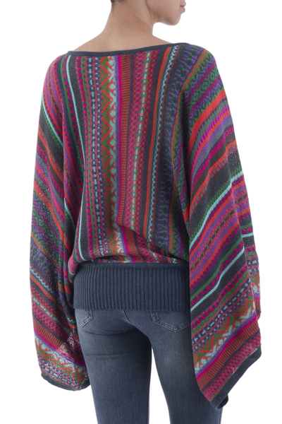 Gestreifter Pullover mit Kimonoärmeln - Bunt gestreifter Pullover aus Alpaka-Wollmischung aus Peru