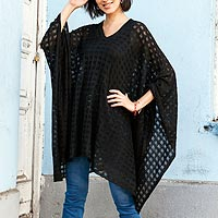 Baby alpaca blend poncho, 'Beautiful Shadow' - Black Bohemian Style One Size Fits Most Poncho from Peru