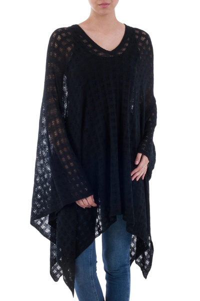 Baby alpaca blend poncho, 'Beautiful Shadow' - Black Bohemian Style One Size Fits Most Poncho from Peru