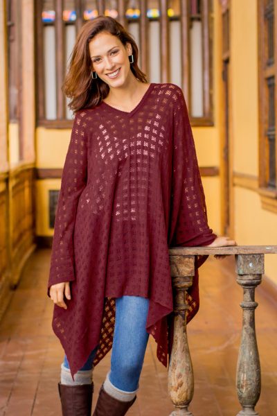 Poncho, 'Burgundy Shadow' - Bohemian Style One Size Fits Most Burgundy Poncho from Peru