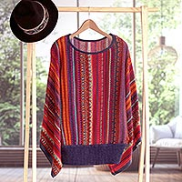Suéter de manga kimono a rayas, 'Cuzco Dance' - Suéter drapeado bohemio de punto peruano en patrón multicolor