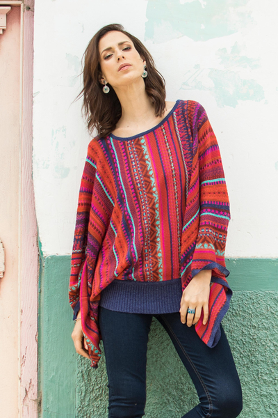 Striped kimono sleeve sweater, 'Cuzco Dance' - Peruvian Knit Bohemian Drape Sweater in Multicolor Pattern