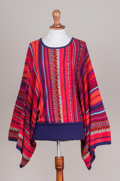 Gestreifter Pullover mit Kimonoärmeln - Peruanischer, drapierter Bohemian-Strickpullover mit mehrfarbigem Muster