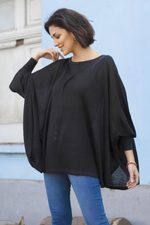 Cotton blend sweater, 'Night Breeze' - Soft Knit Bohemian Style Black Drape Sweater from Peru