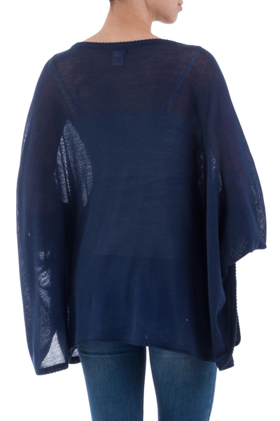 Jersey de mezcla de algodón - Suéter drapeado azul marino estilo bohemio de punto suave de Perú