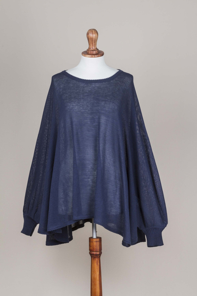 Pullover aus Baumwollmischung - Weich gestrickter, marineblauer, drapierter Pullover im böhmischen Stil aus Peru