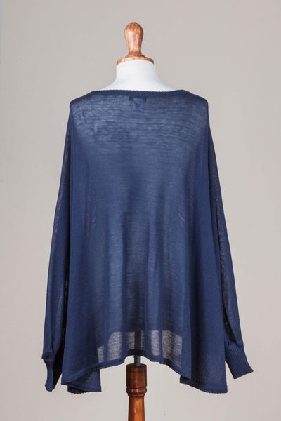 Jersey de mezcla de algodón - Suéter drapeado azul marino estilo bohemio de punto suave de Perú