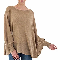 Cotton blend sweater, 'Coastal Breeze' - Soft Knit Bohemian Style Light Tan Drape Sweater from Peru