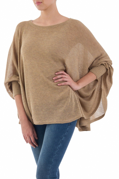 Jersey de mezcla de algodón - Suéter drapeado marrón claro estilo bohemio de punto suave de Perú