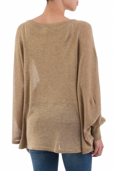 Jersey de mezcla de algodón - Suéter drapeado marrón claro estilo bohemio de punto suave de Perú