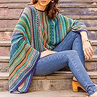 Gestreifter Pullover mit Kimonoärmeln, „Lima Dance“ – böhmischer Strickpullover aus Peru mit türkisfarbenen Streifen