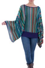 Striped kimono sleeve sweater, 'Lima Dance' - Bohemian Knit Sweater from Peru in Turquoise Stripes