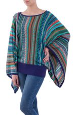 Striped kimono sleeve sweater, 'Lima Dance' - Bohemian Knit Sweater from Peru in Turquoise Stripes