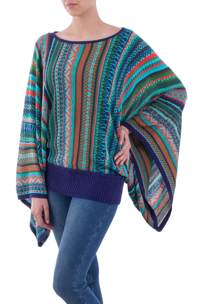 Gestreifter Pullover mit Kimonoärmeln - Böhmischer Strickpullover aus Peru mit türkisfarbenen Streifen