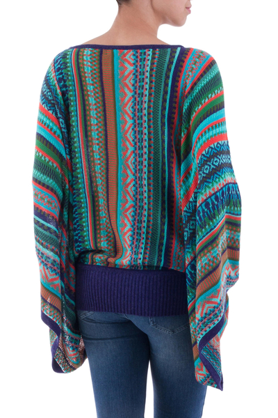 Gestreifter Pullover mit Kimonoärmeln - Böhmischer Strickpullover aus Peru mit türkisfarbenen Streifen
