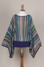 Striped kimono sleeve sweater, 'Lima Dance' - Bohemian Knit Sweater from Peru in Turquoise Stripes