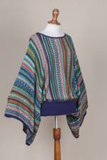 Striped kimono sleeve sweater, 'Lima Dance' - Bohemian Knit Sweater from Peru in Turquoise Stripes