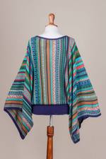 Striped kimono sleeve sweater, 'Lima Dance' - Bohemian Knit Sweater from Peru in Turquoise Stripes