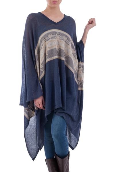Woven Navy Blue Patterned Poncho from Peru