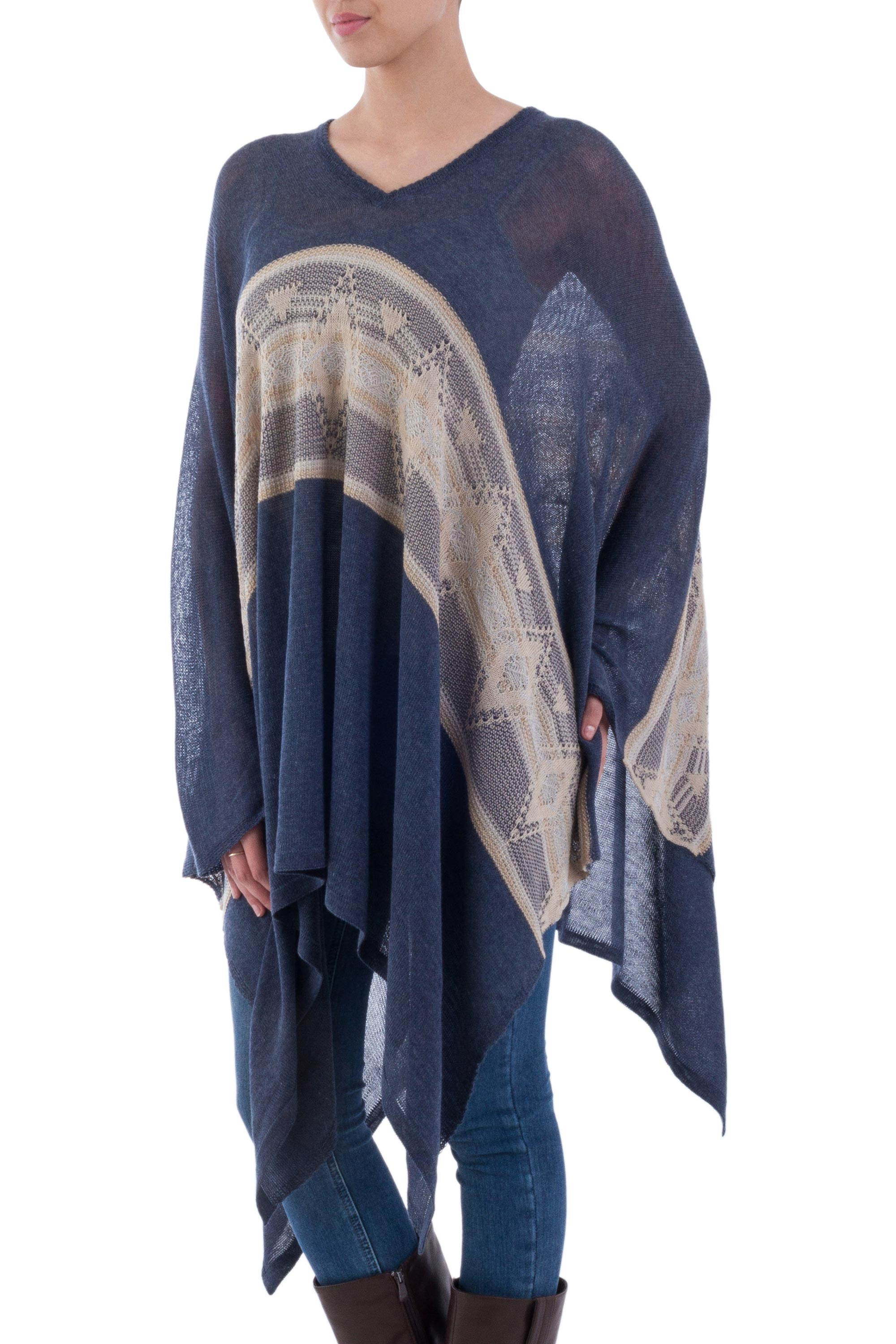 Woven Navy Blue Patterned Poncho from Peru - Blue Inca | NOVICA