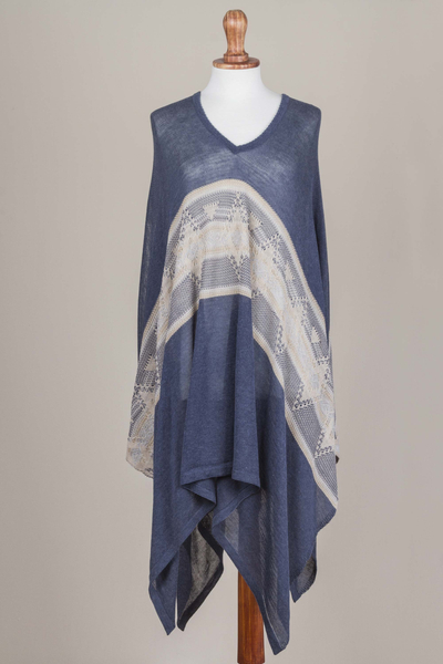 Cotton blend poncho, 'Blue Inca' - Woven Navy Blue Patterned Poncho from Peru