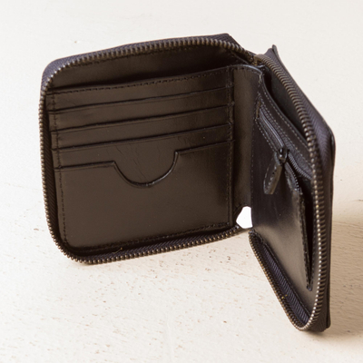 Leather wallet, 'Nighttime Dark' - Unisex Black Leather Wallet with Handle from Peru