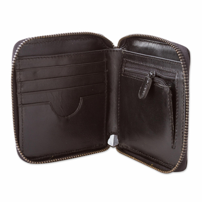 Leather wallet, 'Nighttime Dark' - Unisex Black Leather Wallet with Handle from Peru