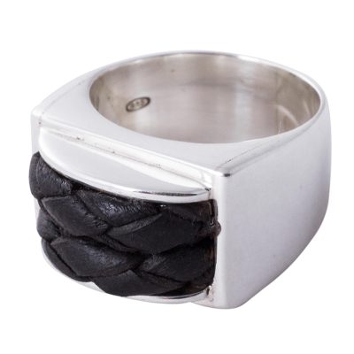 Leather accent sterling silver dome ring, 'Braided Dome' - Sterling Silver Leather Accent Dome Ring from Peru