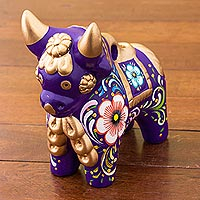 Ceramic figurine, 'Purple Pucara Bull' - Purple Floral Painted Ceramic Bull Sculpture from Peru