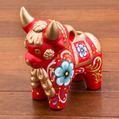 Ceramic figurine, 'Red Pucara Bull' - Red Painted Ceramic Bull Folk Art Sculpture